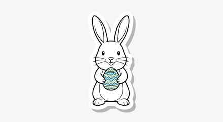 Obraz premium Cute Easter bunny sticker illustration holding a beautifully decorated blue and green Easter egg on a simple grey background.