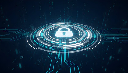 Cyber security lock protects data with technology in a digital future world