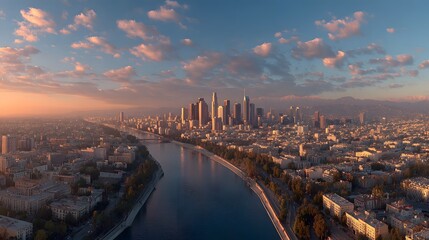 Fototapeta premium Stunning aerial view of a modern city skyline du sunset with tall skyscrapers and a winding river flowing through the urban landscape