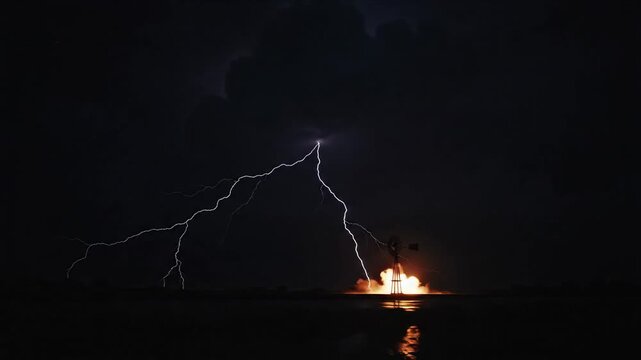 Dramatic lightning strikes behind a lone windmill silhouetted against dark skies and rippling water