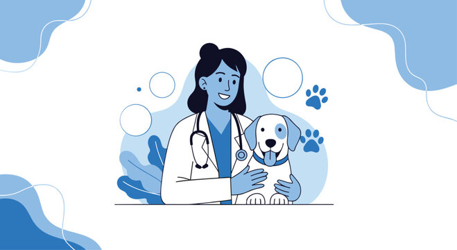 Friendly female veterinarian in a lab coat smiling and holding a cute and happy dog during a check-up at the animal clinic.