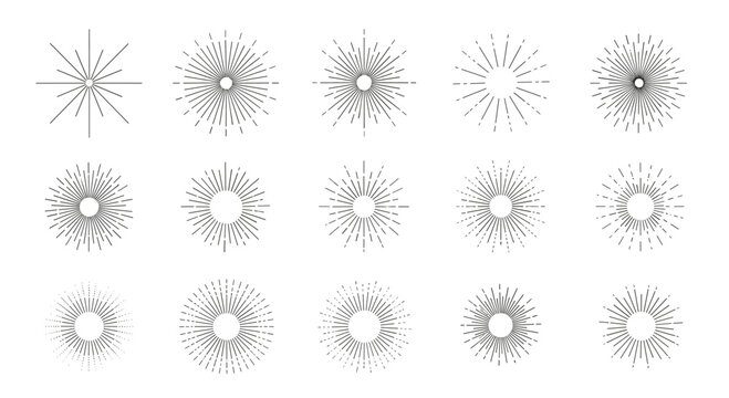 Set of minimalist sunburst and starburst design elements with thin radiating lines for creating a vintage or retro visual effect.