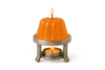 Orange candle burning on a metal candle holder