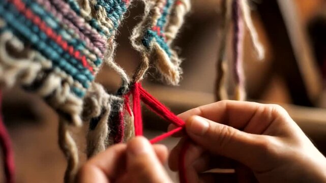 Close up Shot of Hand Weaving Red Thread into Colorful Traditional Textile with Intricate Patterns a Slow Motion Footage of Crafting Process