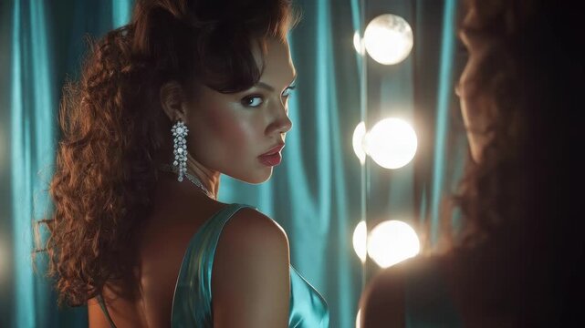 A glamorous woman in a teal satin dress with dangling earrings gazes at her reflection in a vanity mirror lit by round bulbs.