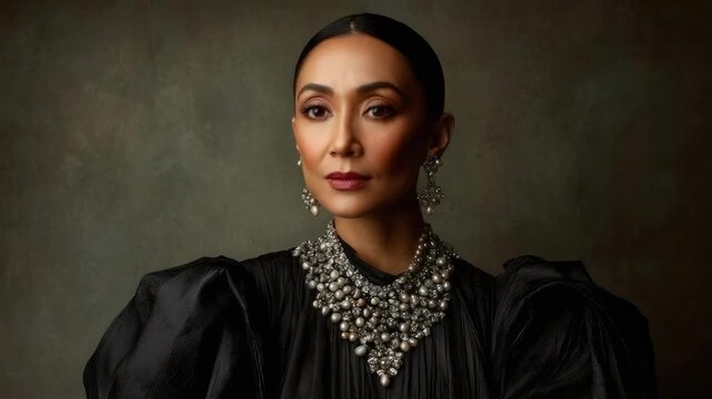 Portrait of a woman in a black puffed-sleeve gown with a dramatic layered pearl necklace and earrings, hair in a bun, looking left.
