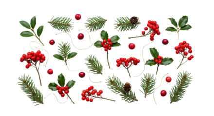 Flat Lay Collection of Natural Christmas Holiday Elements Pattern isolated PNG with Transparent Background