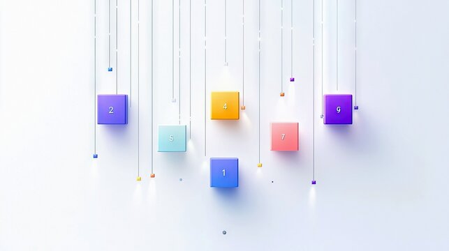 A clean, abstract composition featuring colorful, numbered cubes suspended by thin strings against a white background. Soft, directional lighting creates subtle