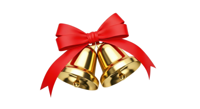 Shiny Golden Christmas Jingle Bells Tied with Bright Red Satin Ribbon Bow isolated PNG with Transparent Background