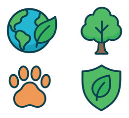 Obraz premium Eco-friendly icons with earth, tree, paw, and leaf designs