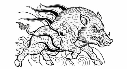 Dynamic Black and White Illustration of a Wild Boar in Motion.