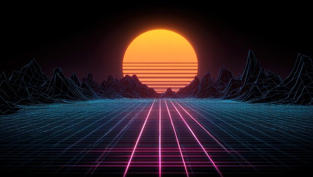 Retro synthwave landscape with grid lines, mountains, and a glowing sunset
