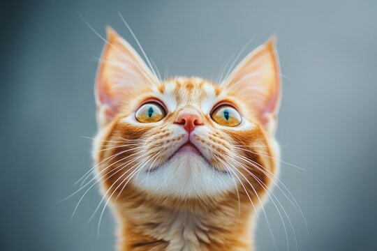 Charming portrait of an orange tabby cat with expressive yellow eyes against a soft gray backdrop - Powered by Adobe