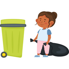 Young Girl Holding Trash Bag Next To A Light Green Recycling Bin On A White Background With A Transparent Background Overlay
