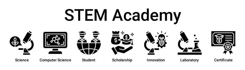 STEM Academy banner web icon vector illustration concept for education with icon of Science, Computer Science, Student, Scholarship, Innovation, Laboratory.