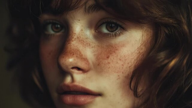 Close-up of a young person with freckles, red-brown hair, and green eyes looking softly at the camera.