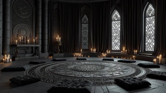 A dark gothic chamber with carved stone walls, glowing candles, and a large circular floor pattern creates a dramatic mysterious atmosphere with quiet ritual mood.