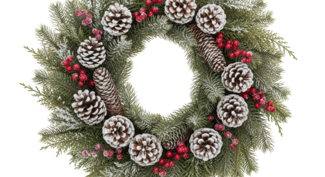Traditional Winter Christmas Wreath Decorated with Frosted Pine Cones and Red Berries isolated PNG with Transparent Background