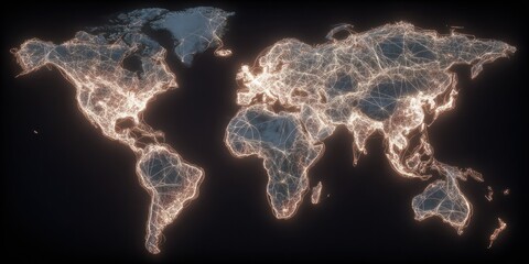 A world map outlined in glowing lines, showing interconnected networks against a black background