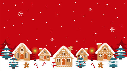 Christmas gingerbread house village on red background vector illustration