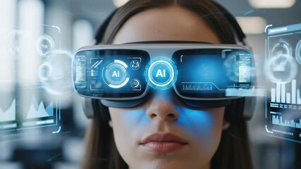 Businesswoman wearing virtual reality headset displaying glowing artificial intelligence holographic screens and futuristic data visualizations - Powered by Adobe