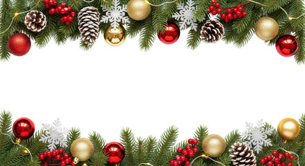 Festive Christmas Garland Border with Green Fir Branches, Red Berries, Gold and Red Ornaments isolated PNG with Transparent Background