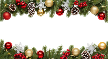 Festive Christmas Garland Border with Green Fir Branches, Red Berries, Gold and Red Ornaments isolated PNG with Transparent Background