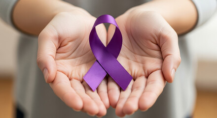 Hands holding ribbon for Epilepsy Awareness Month highlight support for neurological disorders and seizures. Epilepsy Awareness Month is represented by purple ribbon held gently in cupped hands.