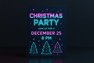 Neon Christmas party invitation card with glowing text and tree icons on dark background, modern holiday event design.
