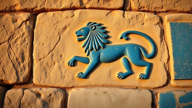 babylonian. Ancient Babylonian wall fragment with a blue glazed brick lion relief. event programs, museum guides, designed for cultural heritage projects and event programs, preserves heritage.