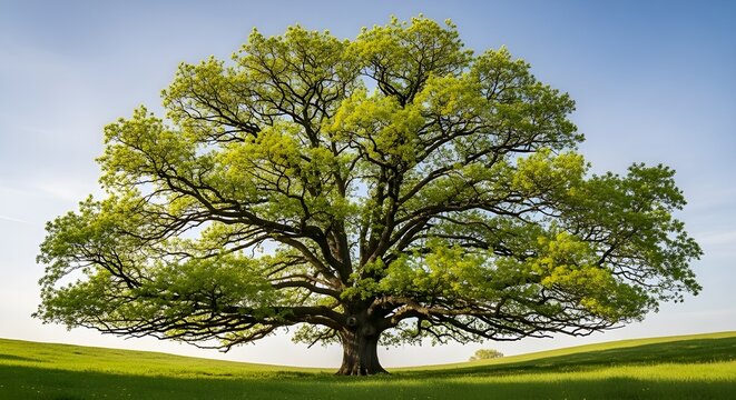 Majestic oak tree stands tall on rolling green hill under blue sky - Powered by Adobe