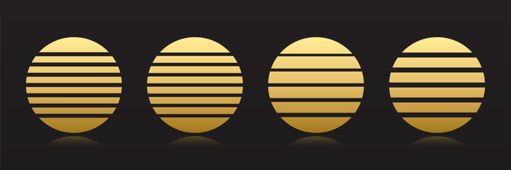 Retro sunset gold icons. Luxury sun set symbols. Circles shapes in the style of the 80-90s