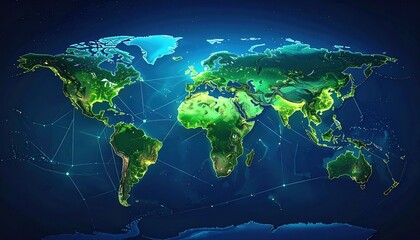 A vibrant digital map of the world illustrating continents with a network of connections, showcasing global connectivity and environmental themes.