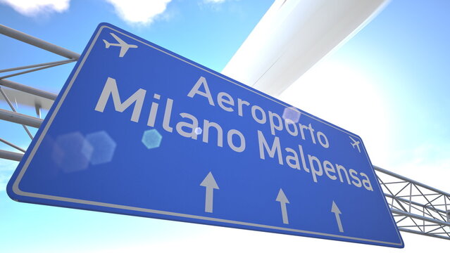 Bright blue motorway indicator toward Milan Malpensa Airport with passenger jet rising toward the horizon, departing from Milan, Italy. 3D rendering