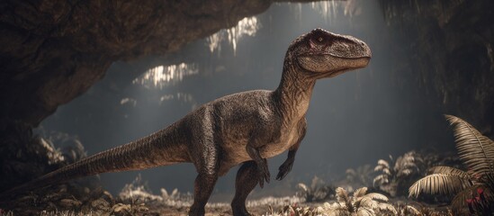 A raptor stands in a cave, illuminated by light. Lush vegetation surrounds the predator