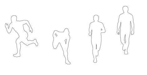 Top view CAD drawing of athletes outline. sprinting, jogging, walking, stretching hamstrings, bending forward, standing ready pose. Vector illustration