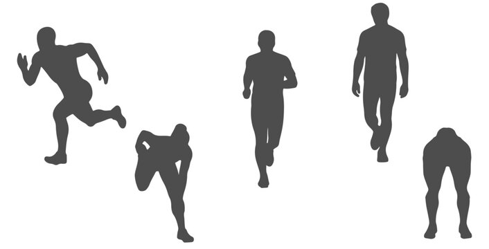 Top view CAD drawing of athletes silhouette. sprinting, jogging, walking, stretching hamstrings, bending forward, standing ready pose. Vector illustration