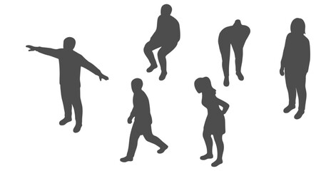 Top view CAD drawing of people silhouette. standing , sitting, leaning forward, walking, turning slightly, relaxed standing. Vector illustration