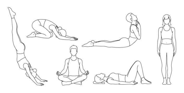 Top view CAD drawing of people in yoga poses. downward dog, child&rsquo;s pose, cobra pose, sitting cross-legged, laying flat, standing mountain pose. Vector illustration