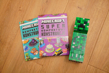 Naklejka premium Minecraft books and Creeper figure on a wooden surface, top-down view