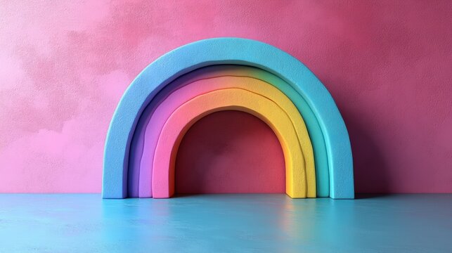 A striking photograph of a vibrant rainbow-colored archway juxtaposed against a pink wall, showcasing a dynamic color contrast and architectural form.