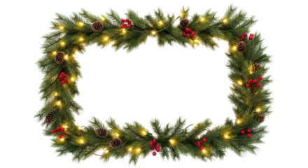 Christmas Pine Garland Frame with Warm Lights, Red Berries, and Pine Cones isolated PNG with Transparent Background