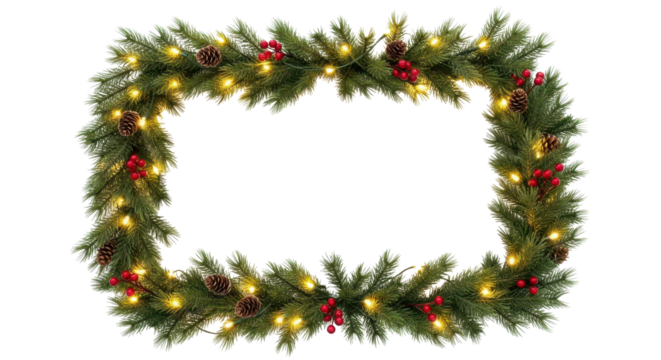 Christmas Pine Garland Frame with Warm Lights, Red Berries, and Pine Cones isolated PNG with Transparent Background - Powered by Adobe
