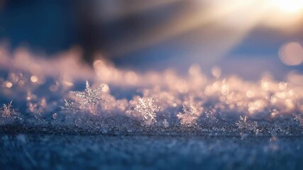 Macro shot of delicate frost crystals on a frozen surface, glowing with soft sunrise light and blue bokeh in the background. - Powered by Adobe