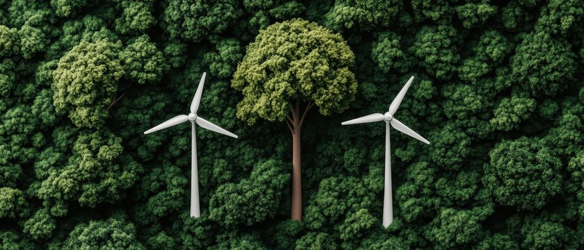 Two wind turbines beside lush green forest trees and central healthy tree representing clean energy generation.