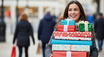 Festive Boxing Day shopping with cheerful woman carrying stack of presents. Enjoy Boxing Day sales and post Christmas shopping with beautifully wrapped gifts and excited smile.