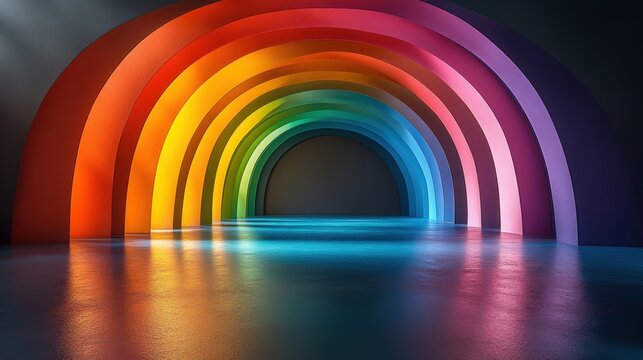A stunning rainbow archway creates a powerful symbol of diversity and inclusion, reflected in a polished floor. This image evokes themes of acceptance, unity, and equal opportunity.