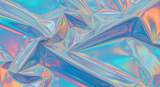 Vibrant iridescent holographic foil surface with colorful reflections and textured abstract folds in modern trendy design