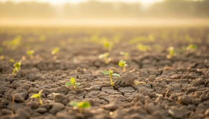 Small green sprouts emerging from cracked dry soil under sunlight, concept of resilience, climate crisis, drought survival and fragile hope in arid landscape