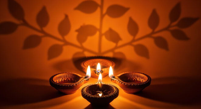 Traditional clay oil lamps with warm glowing flames casting decorative leaf shadows on orange background during festive celebration - Powered by Adobe